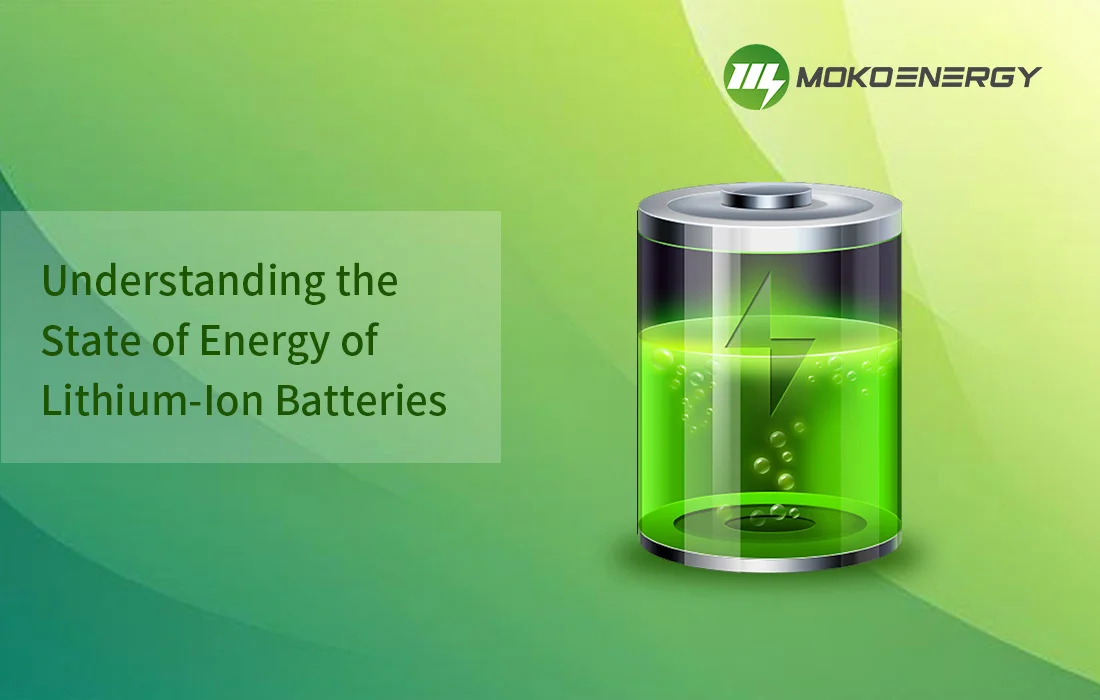 An illustration depicting a lithium-ion battery with a transparent casing, showing the battery's internal components and energy state, accompanied by text about understanding the state of energy of lithium-ion batteries.