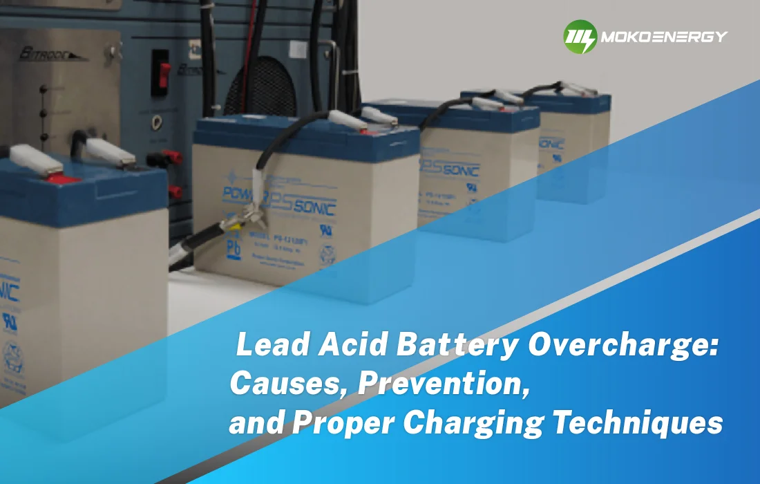 A stack of lead-acid batteries with the Moko Energy company logo, accompanied by text discussing lead acid battery overcharge, its causes, prevention methods, and proper charging techniques.